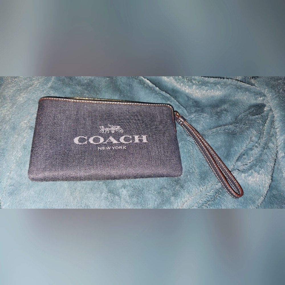 Denim  Coach Large Corner Zip With Coach Spelled Out